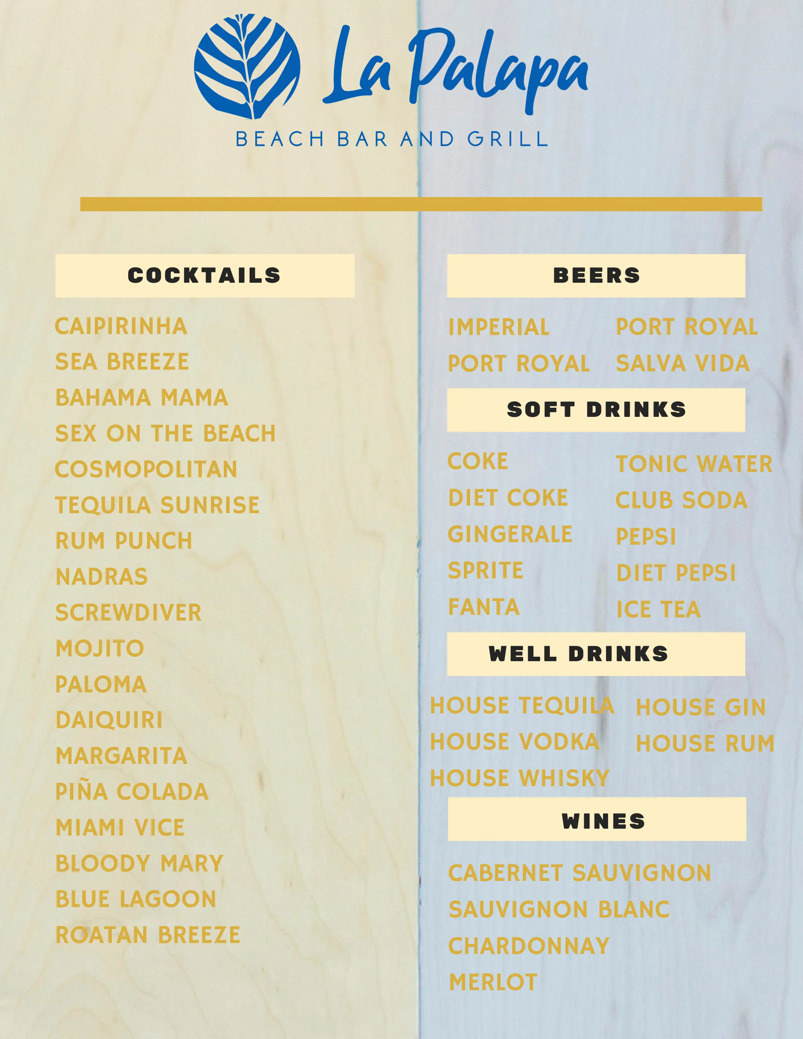 La Palapa beach bar menu at Infinity Bay Roatan: cocktails, beers, soft drinks, well drinks and wines