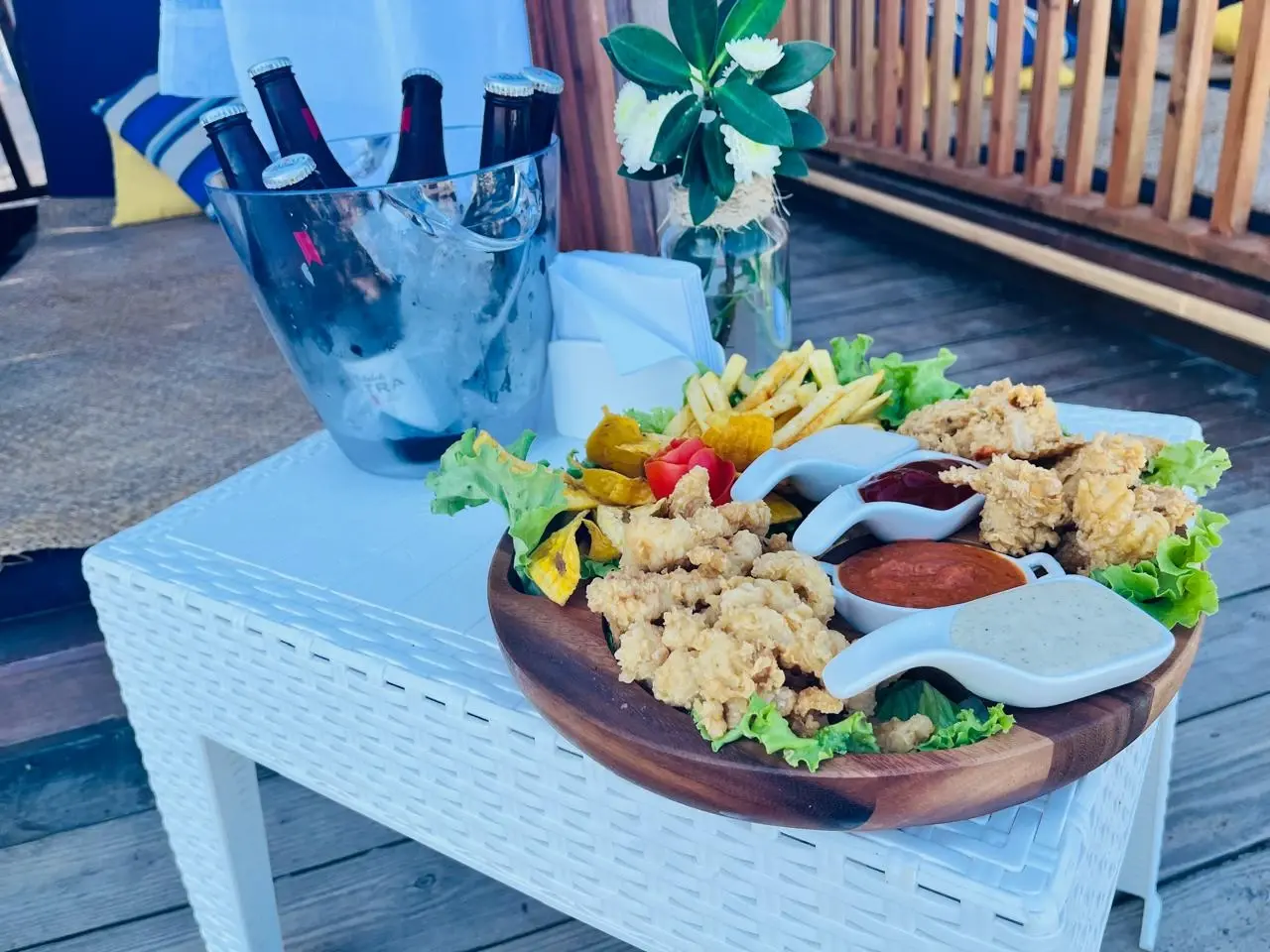 Limited Private Beach Lounge (optional extra, +$70, book in advance): the food platter and bucket of beers served at the lounge