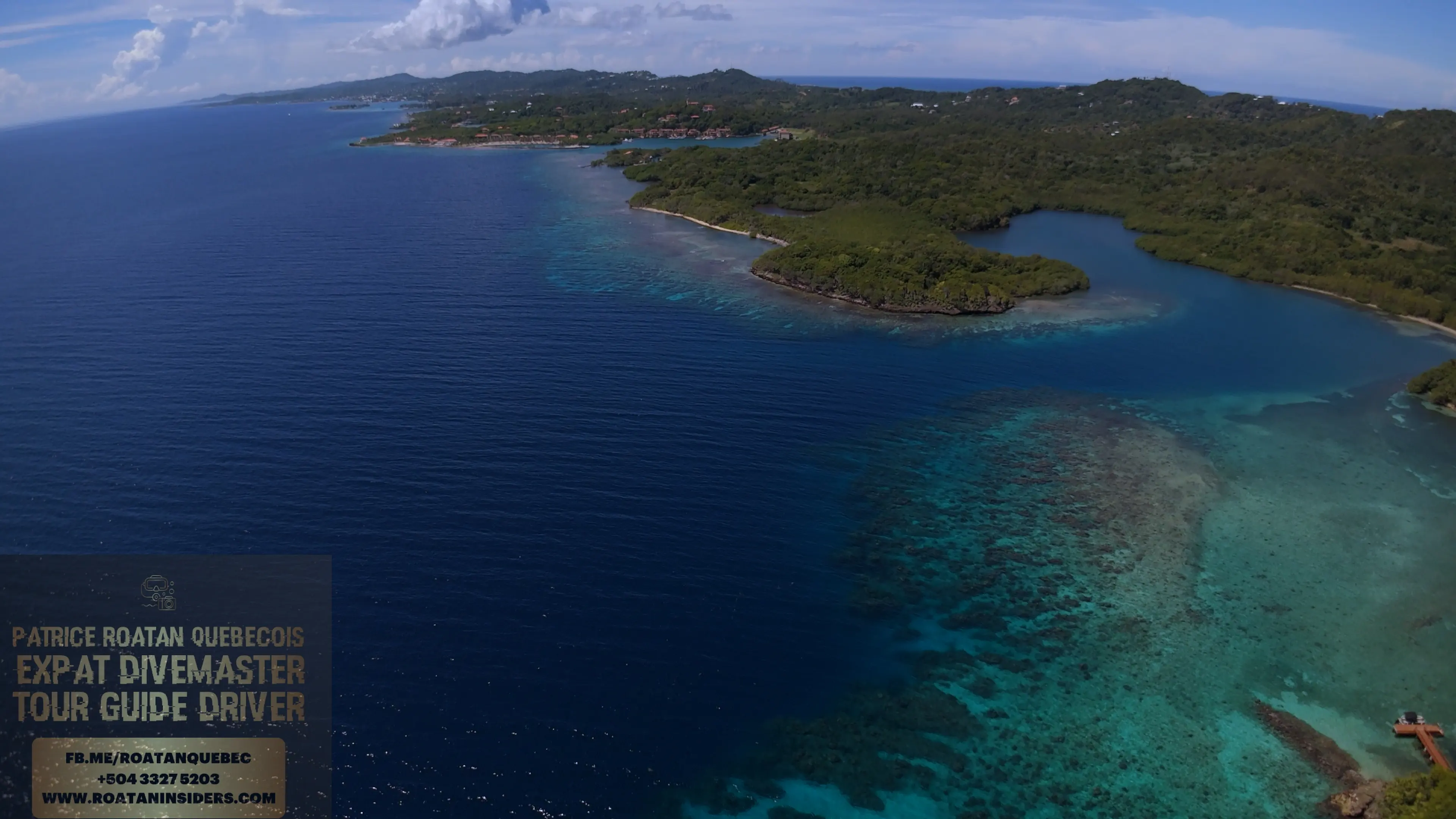 Drone view of Media Luna’s coastline and barrier reef, Roatán