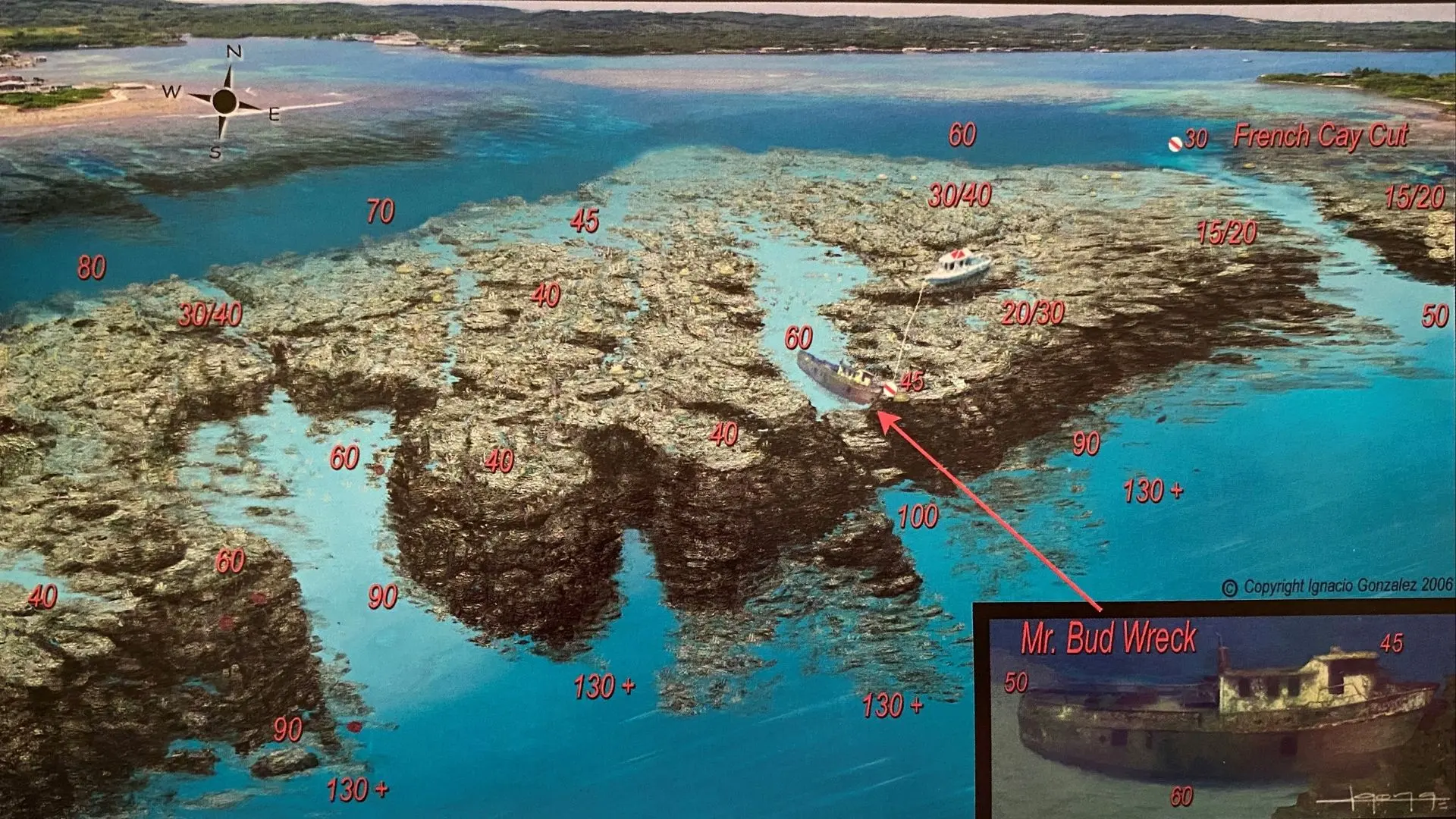 Bradys Key - Mr Buds Wreck - French Key Cut - Brady's Cay Snorkeling Map