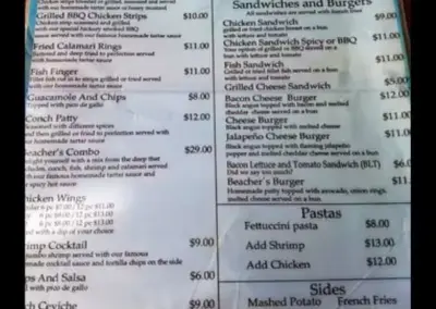 Beachers Roatan Menu