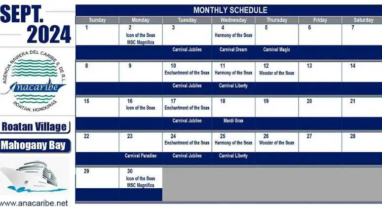 Calendrier des bateaux de croisiere du mois de Septembre 2024