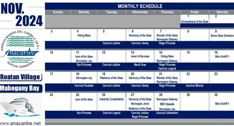 Calendrier des navires de croisiere du mois de Novembre 2024