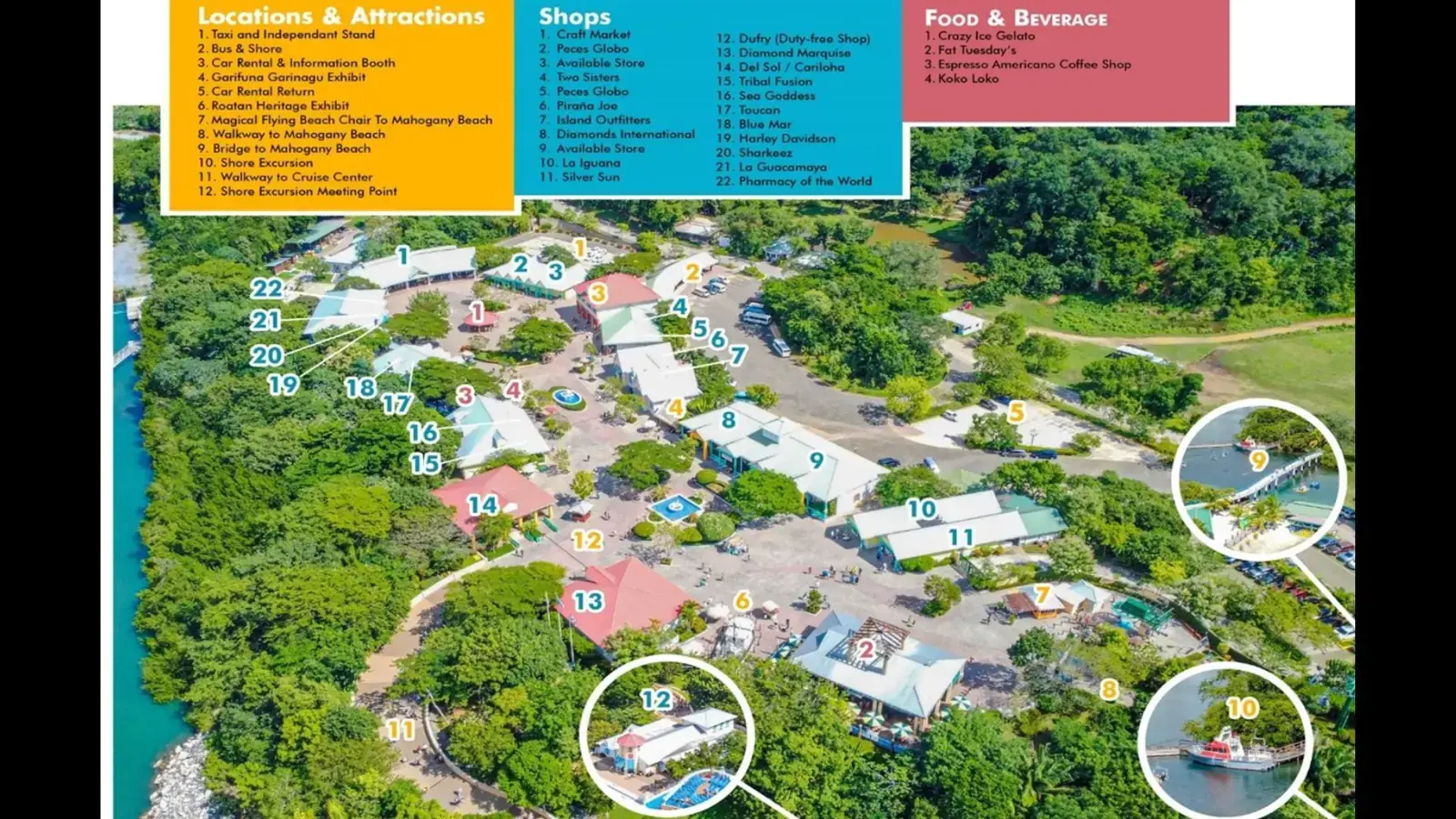 Carte du port de croisière Mahogany Bay Isla Tropicale de Roatán