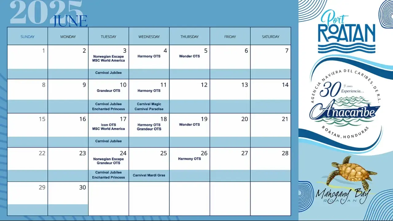 Horaire des Navires de Croisière des Ports de Roatan – Mahogany Bay Isla Tropicale et Town Center Juin 2025