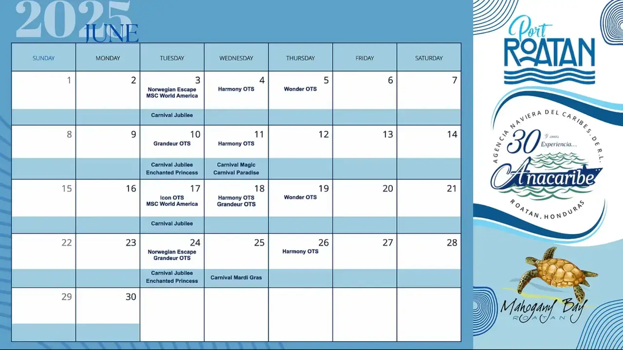 Horaire des navires de croisière des ports de Roatán Mahogany Bay Isla Tropicale et Town Center juin 2025