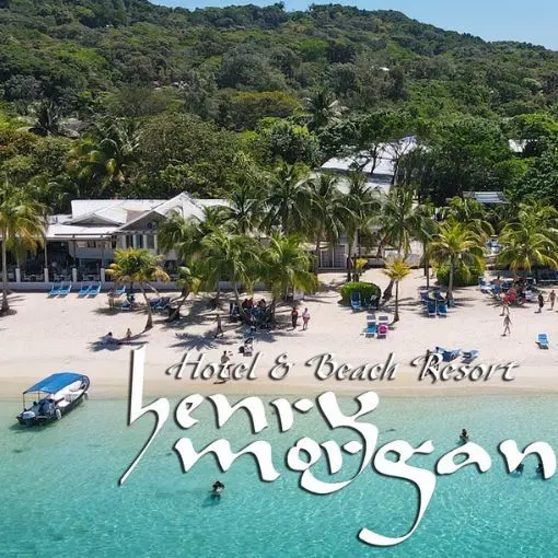 An aerial view of the beach and the gula restaurant of the all-inclusive Henry Morgan hotel
