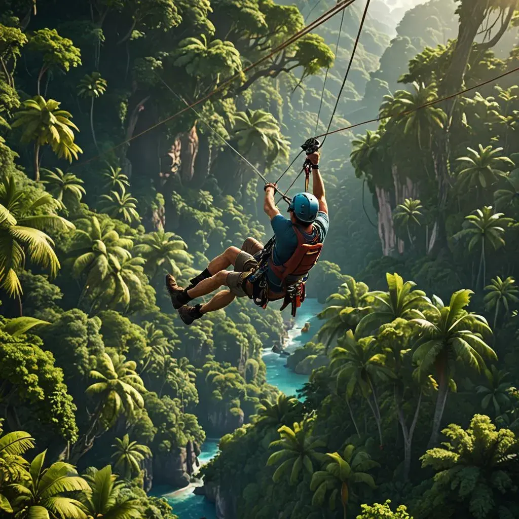 Roatan Zipline Tour participant soaring through the rainforest canopy with a breathtaking ocean view in the background.
