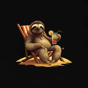 a fullbodied relaxed sloth sitting on a beac