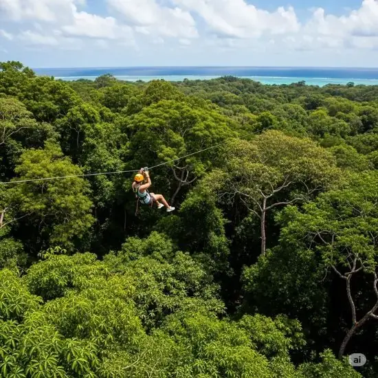 An aerial view of someone on a Roatan zipline flying over the jungle canopy.