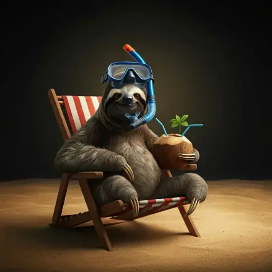 A close-up shot of a sloth enjoying the beach with a snorkel mask, highlighting the popular sloth and monkey tour excursion.